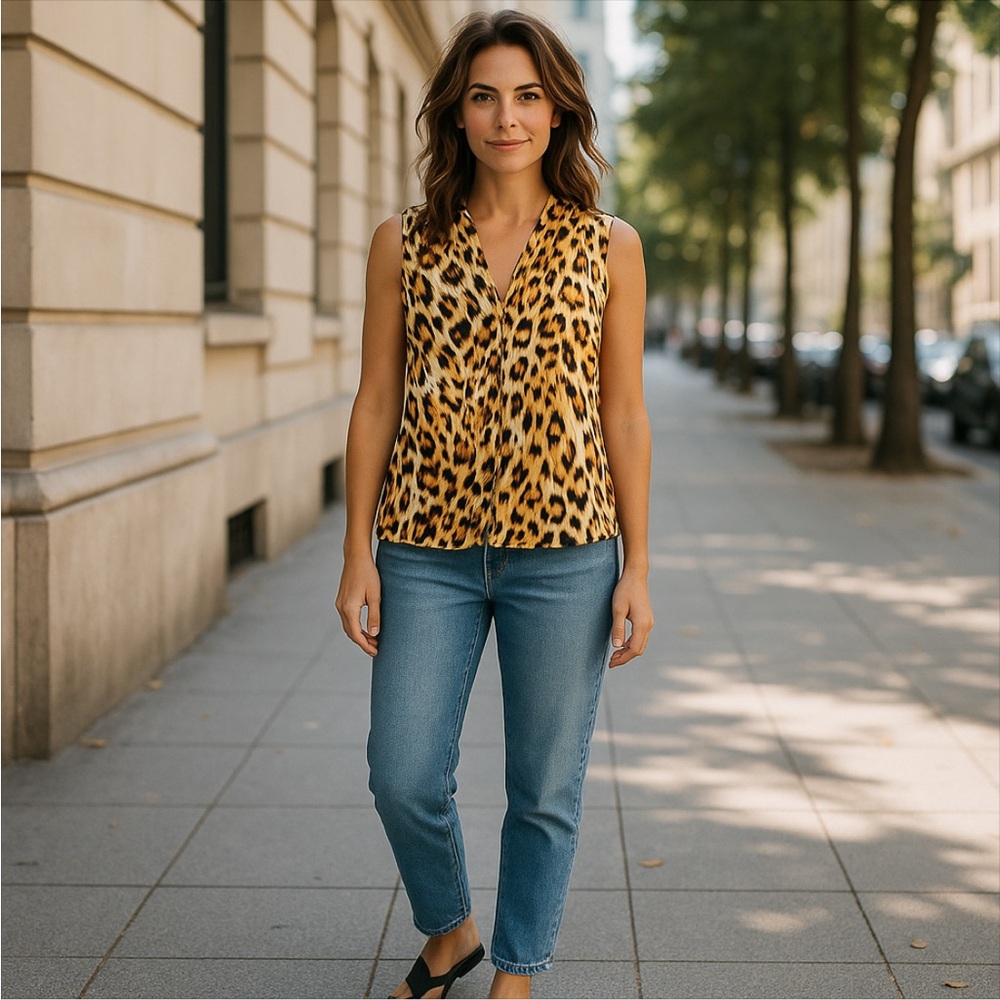 Calvin Klein Leopard Blouse XL Sleeveless V Neck Career Top